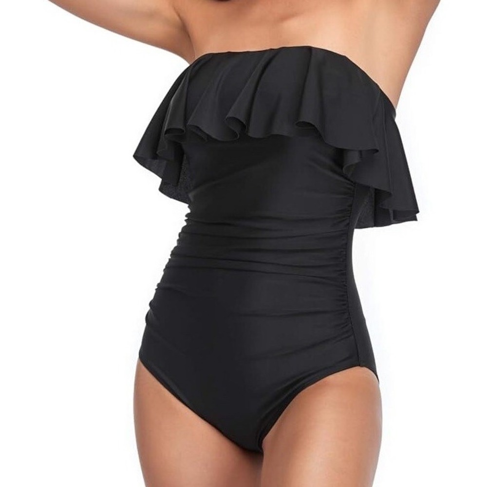 NWT Women's Smismivo One Piece Ruffle Flounce Ruched Swimsuit Black - Small